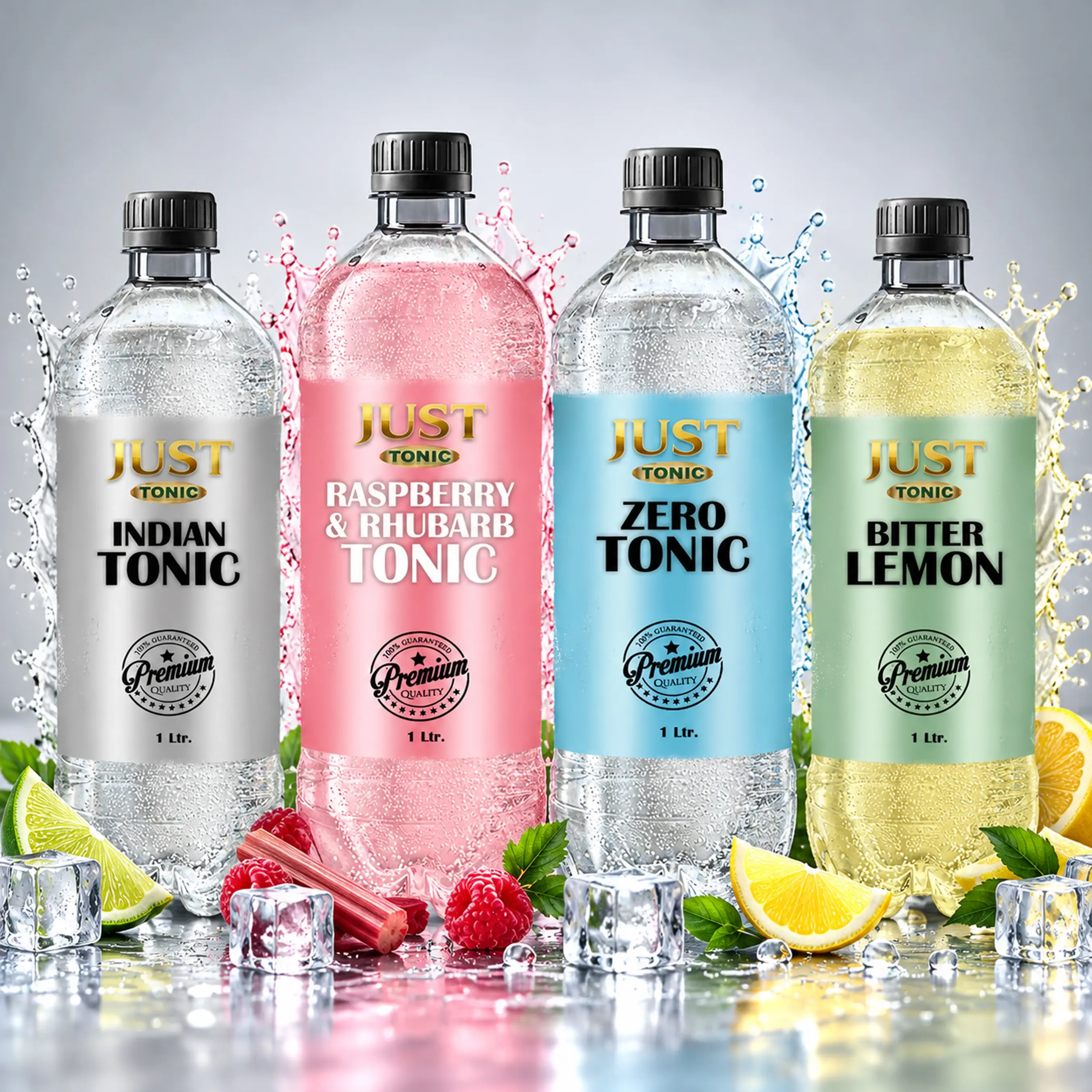 JUST Tonic 1 L PET bottles featuring Indian Tonic, Raspberry and Rhubarb, Zero Tonic, and Bitter Lemon flavours with ice and fresh fruit.
